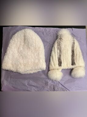 2 Cream Faux Fur Beanies with Pom Pom